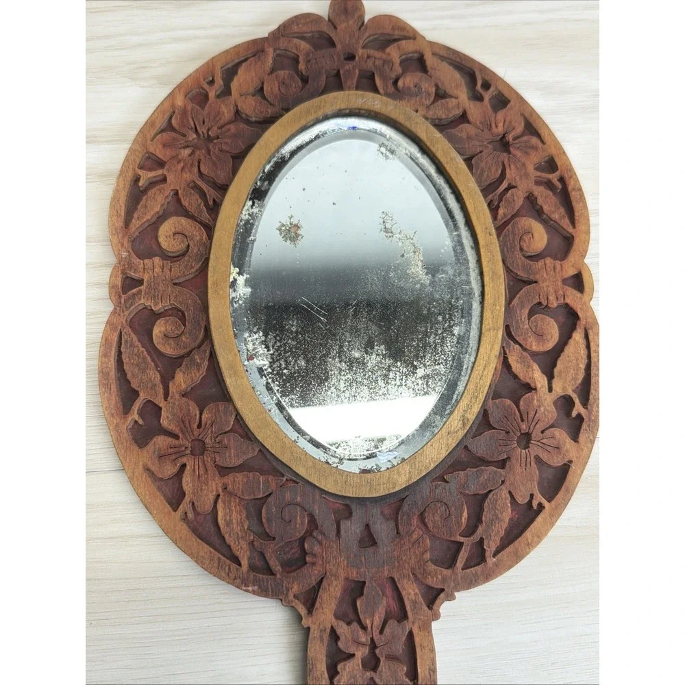Rare Unique Lovely Antique Carved Wood / Floral Hand Mirror 15